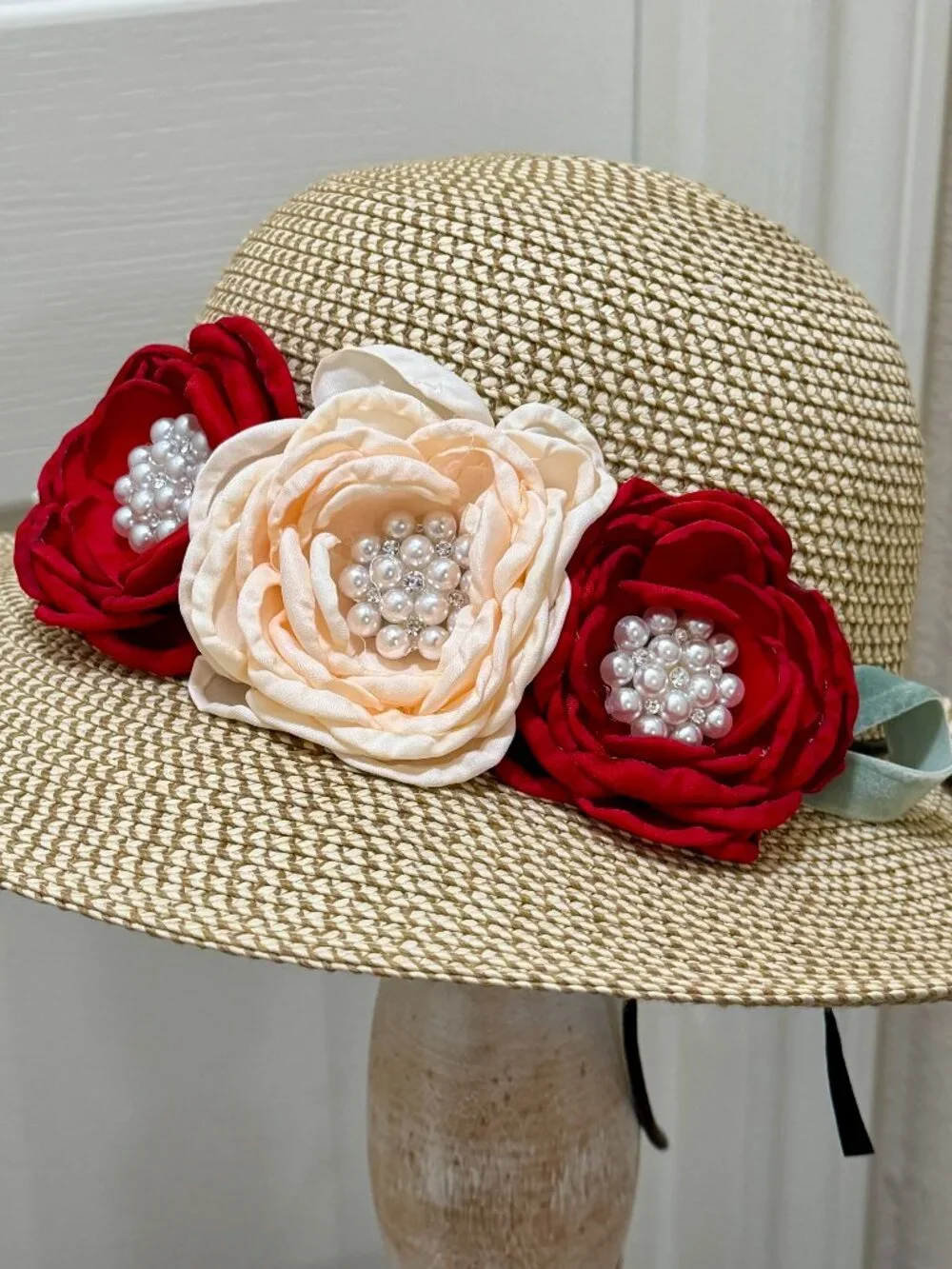 Elegant Women's Tweed Sun Hat With Satin Flowers And Pearls Wedding Tea Party